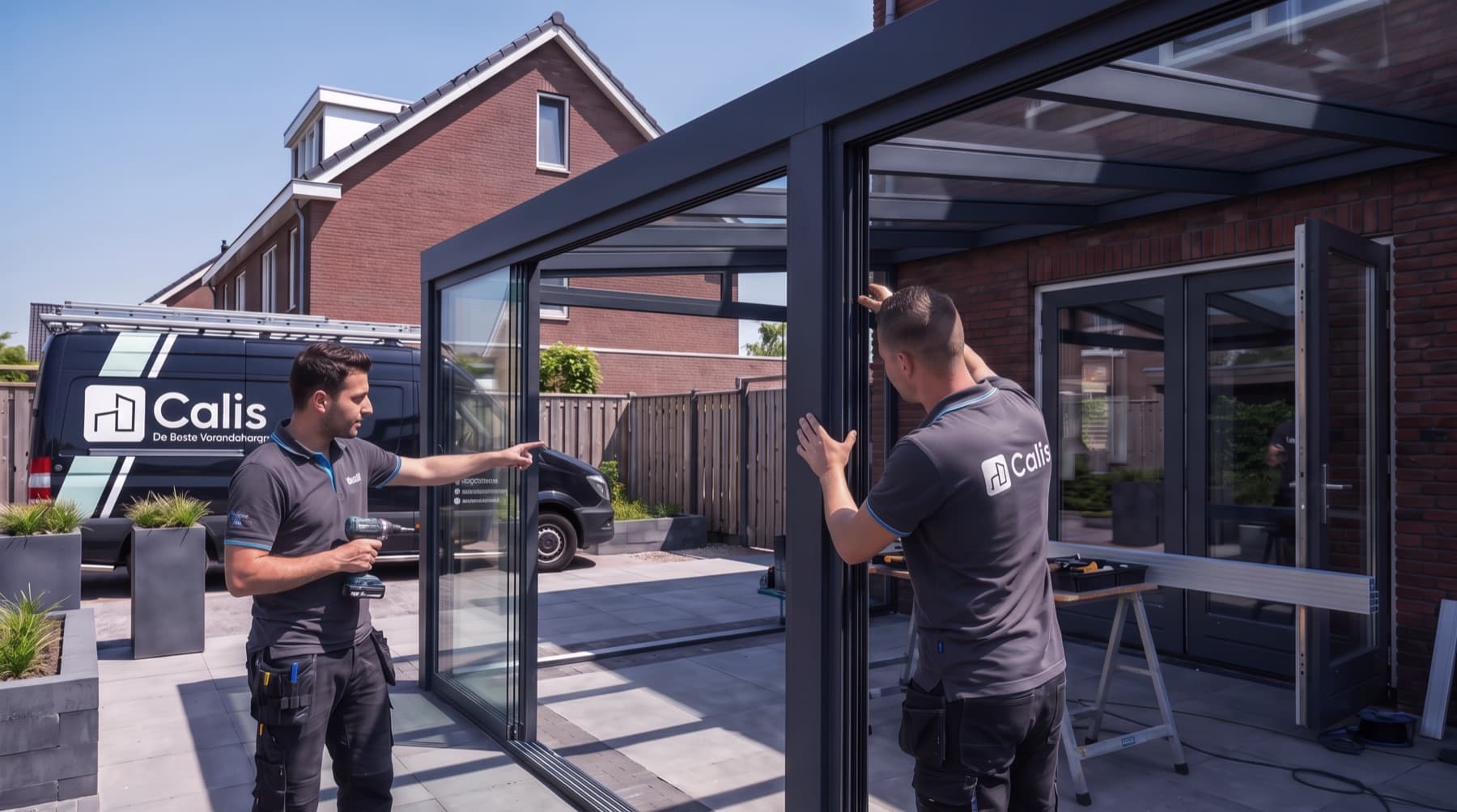 Twee monteurs van Calis plaatsen een glazen schuifwand in een veranda, met de bedrijfsbus op de oprit